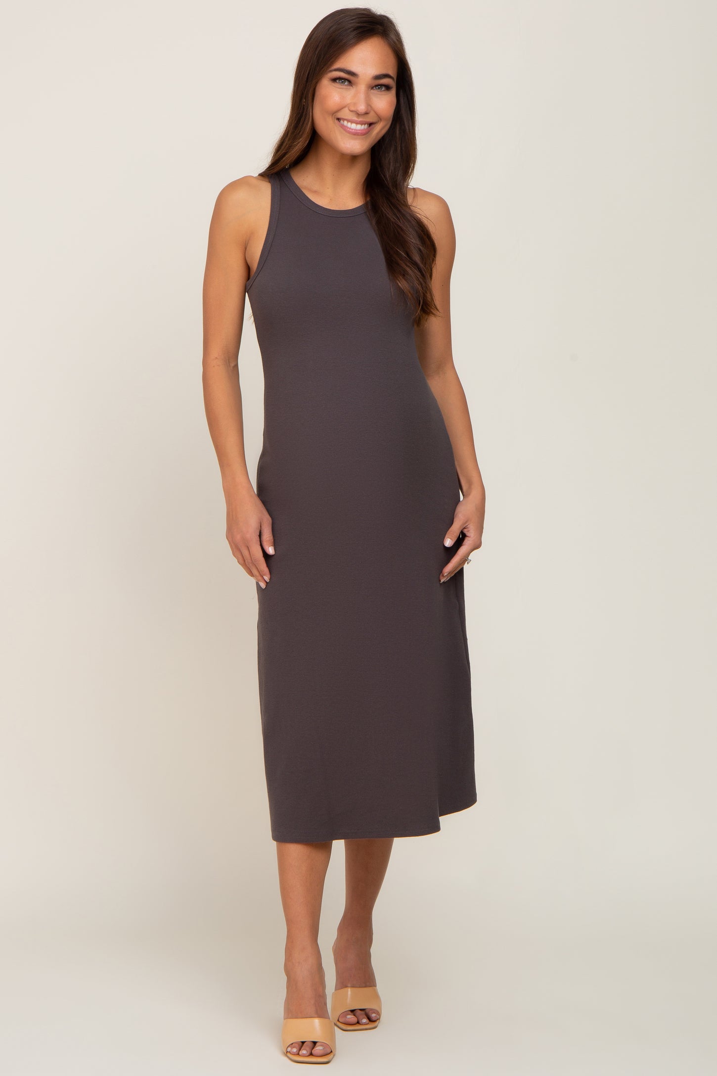 Charcoal Ribbed Sleeveless A-Line Maternity Midi Dress Charcoal Ribbed Sleeveless A-Line Maternity Midi Dress