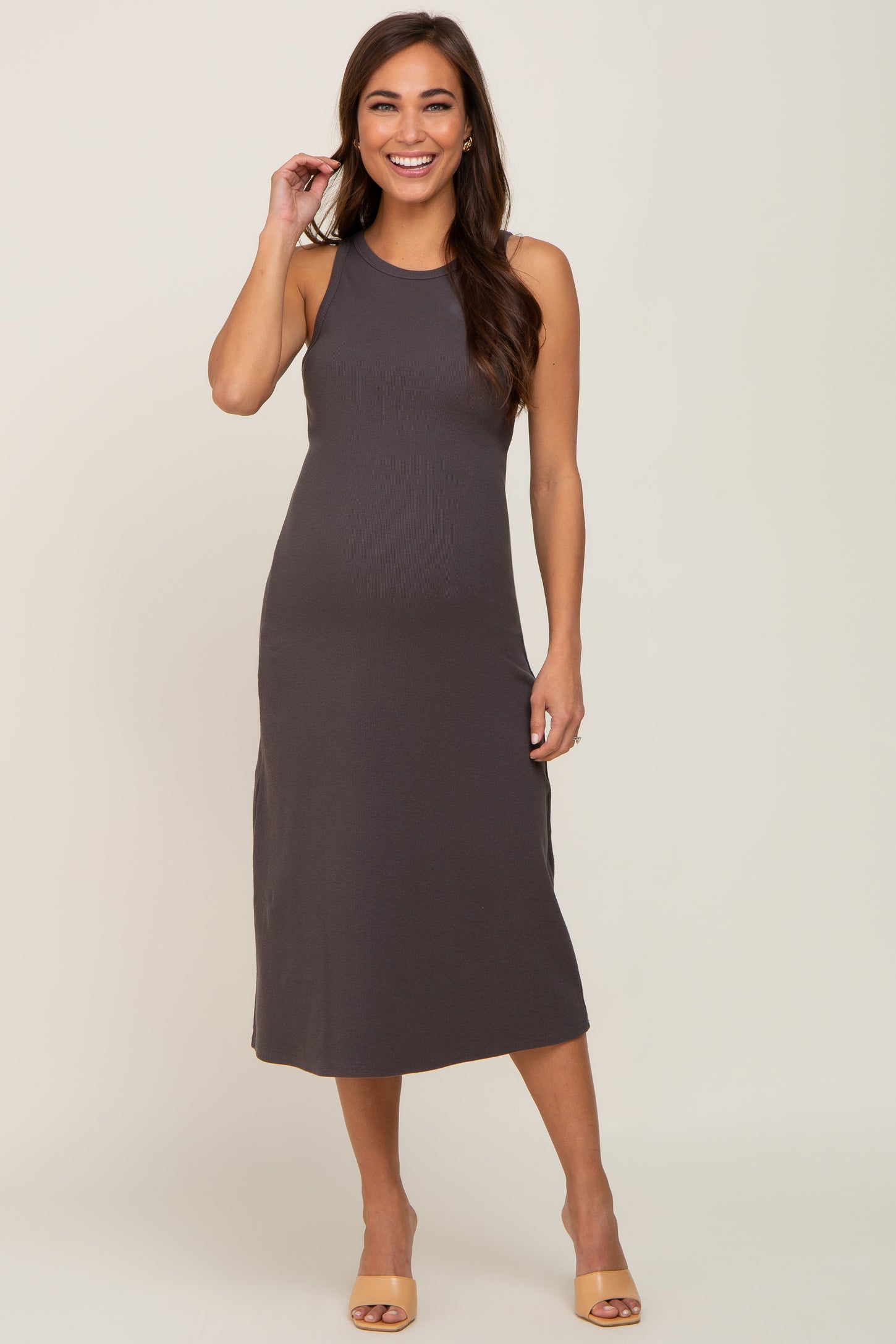 Charcoal Ribbed Sleeveless A-Line Maternity Midi Dress– PinkBlush