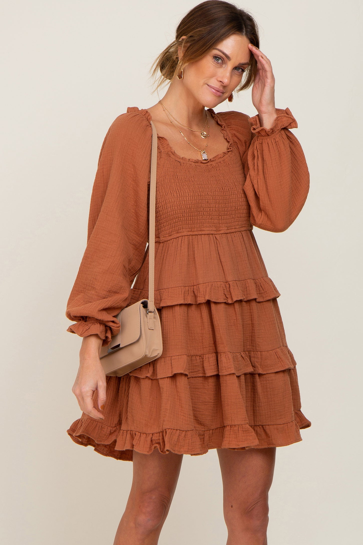camel long sleeve dress Turtleneck Bell Sleeve Wide Rib Sweater Dress Camel
