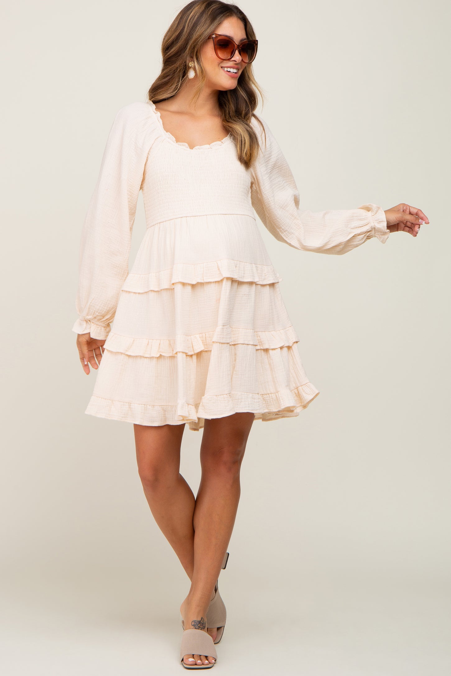 Ivory Smocked Ruffle Tiered Long Sleeve Maternity Dress PinkBlush Ivory Smocked Ruffle Tiered Long Sleeve Maternity Dress PinkBlush