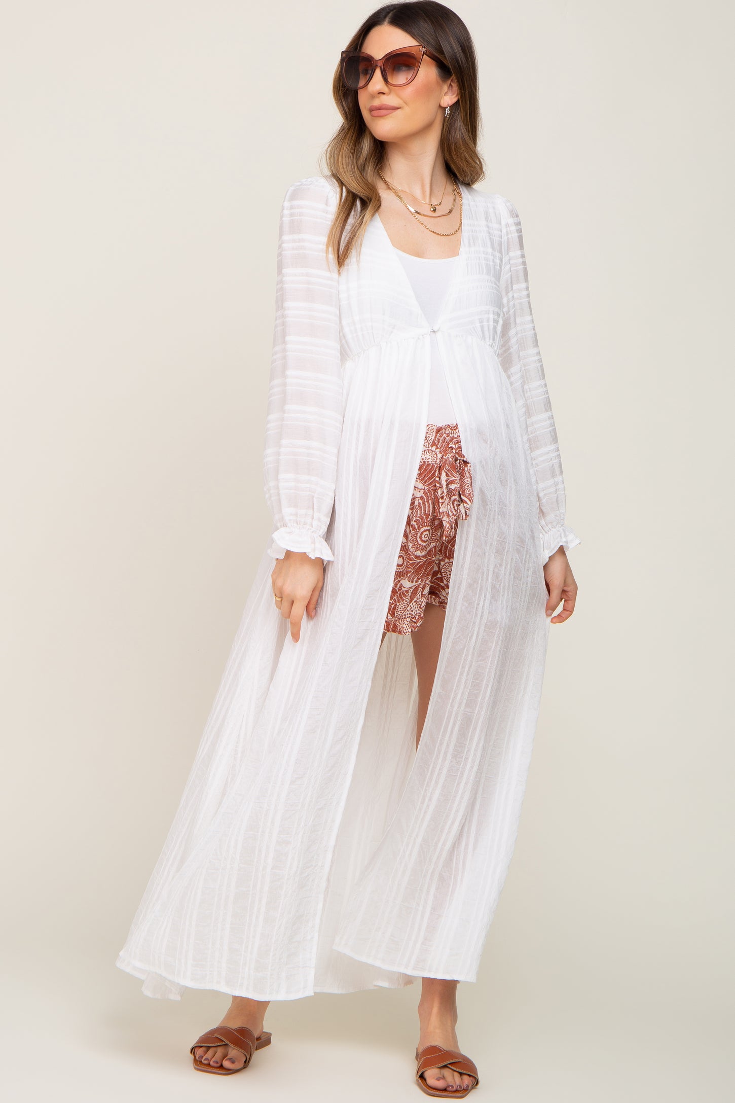 White Long Sleeve Maternity CoverUp PinkBlush