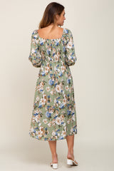 Light Olive Floral Square Neck Midi Dress