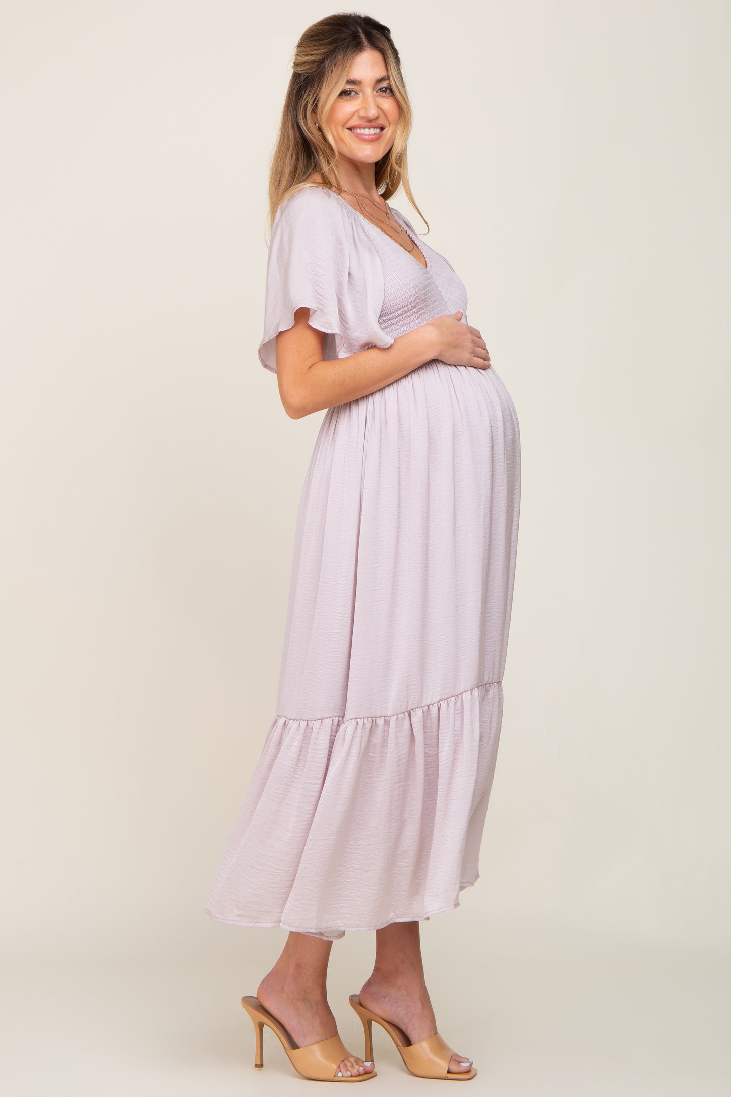Grey Lavender Satin Smocked Maternity Midi Dress – PinkBlush