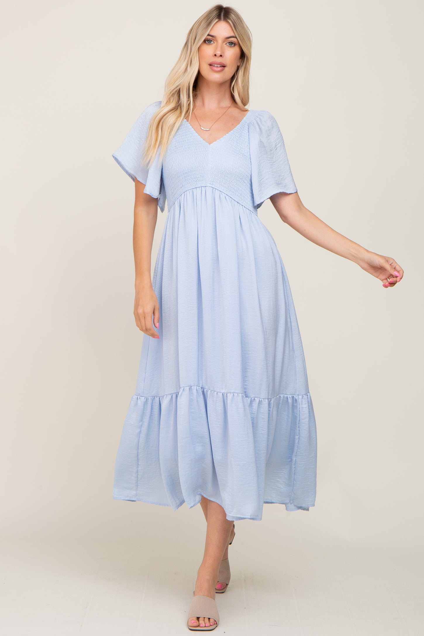 Light Blue Satin Smocked Maternity Midi Dress– PinkBlush