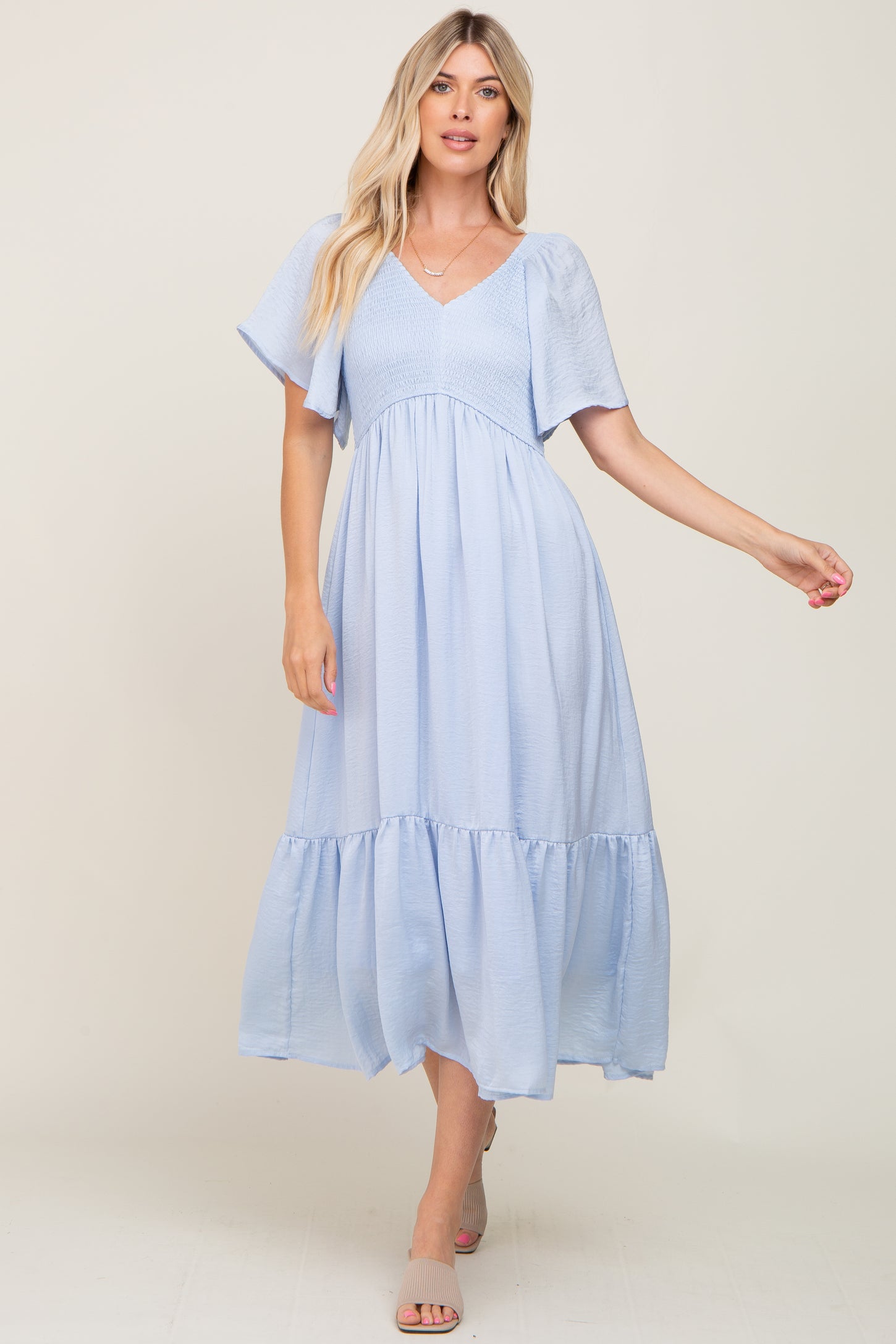 Light Blue Satin Smocked Maternity Midi Dress – PinkBlush