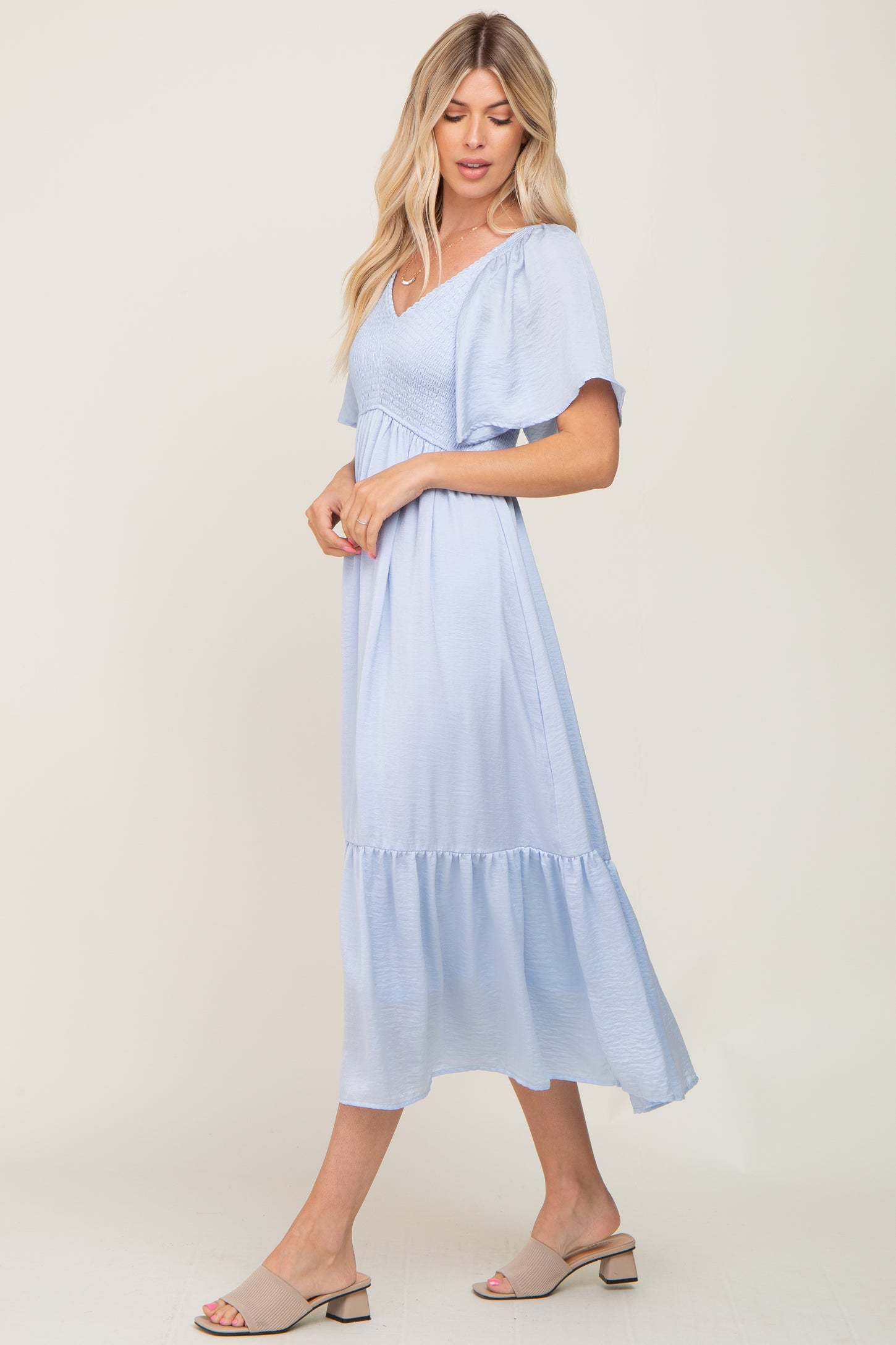 Light Blue Satin Smocked Maternity Midi Dress Large Light Blue Satin Smocked Maternity Midi Dress Large
