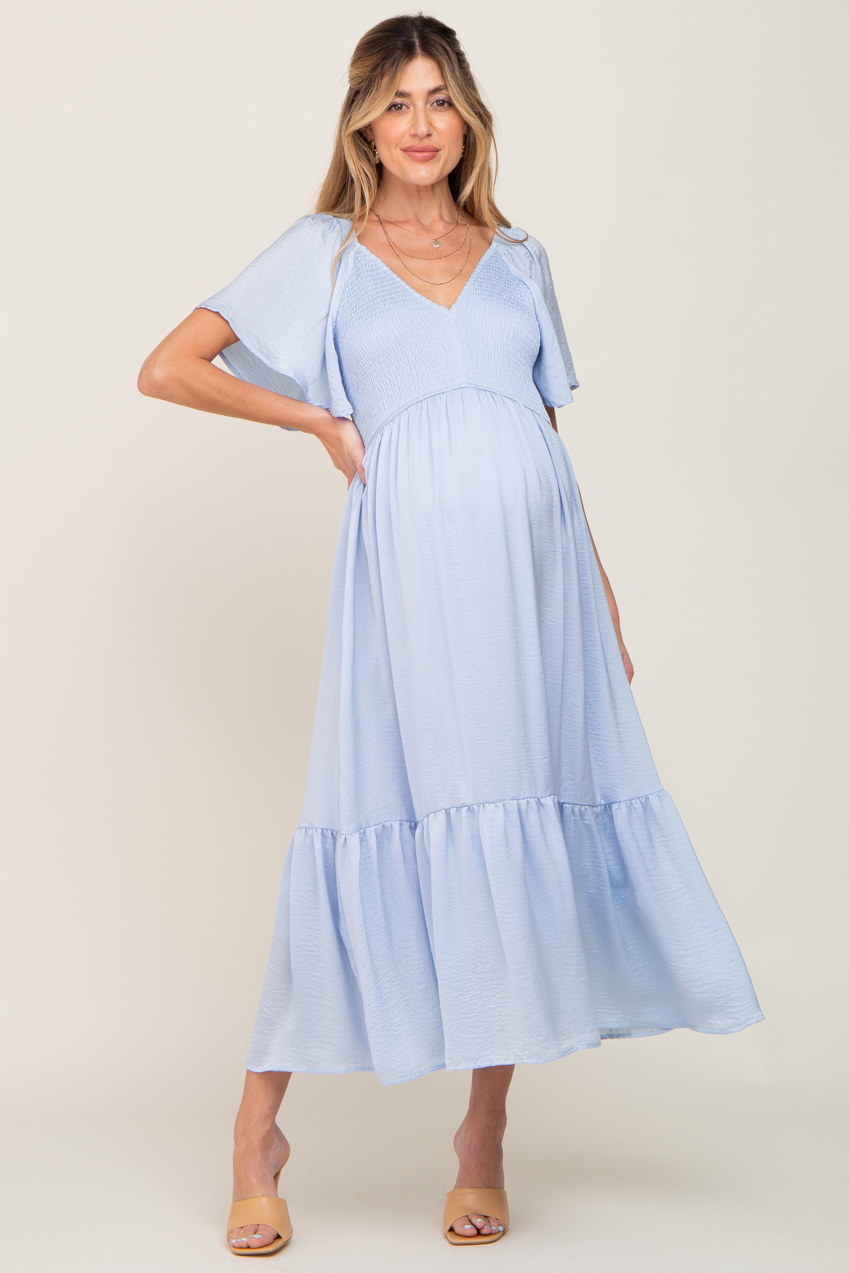 MIANHT Summer Dresses for Women Elegant Empire Waist Pleated Swing Slit One  Shoulder Long Dresses 2023 Casual Sleeveless Slash Neck Solid Maxi Dress  Blue XL 