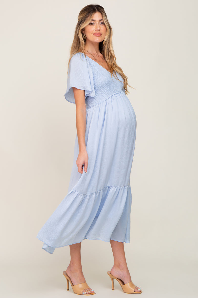 Light Blue Satin Smocked Maternity Midi Dress– PinkBlush