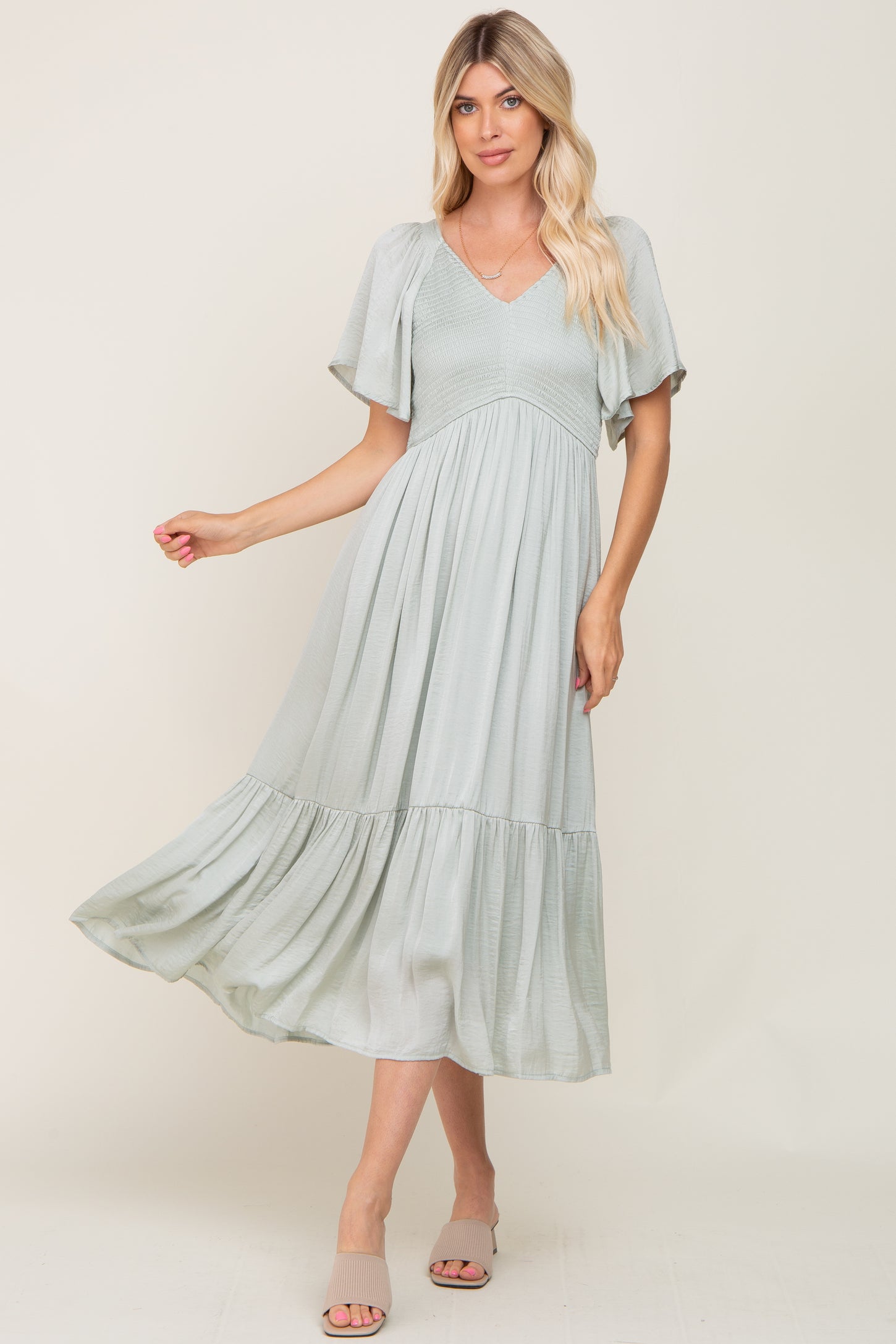 Mint Green Satin Smocked Maternity Midi Dress – PinkBlush