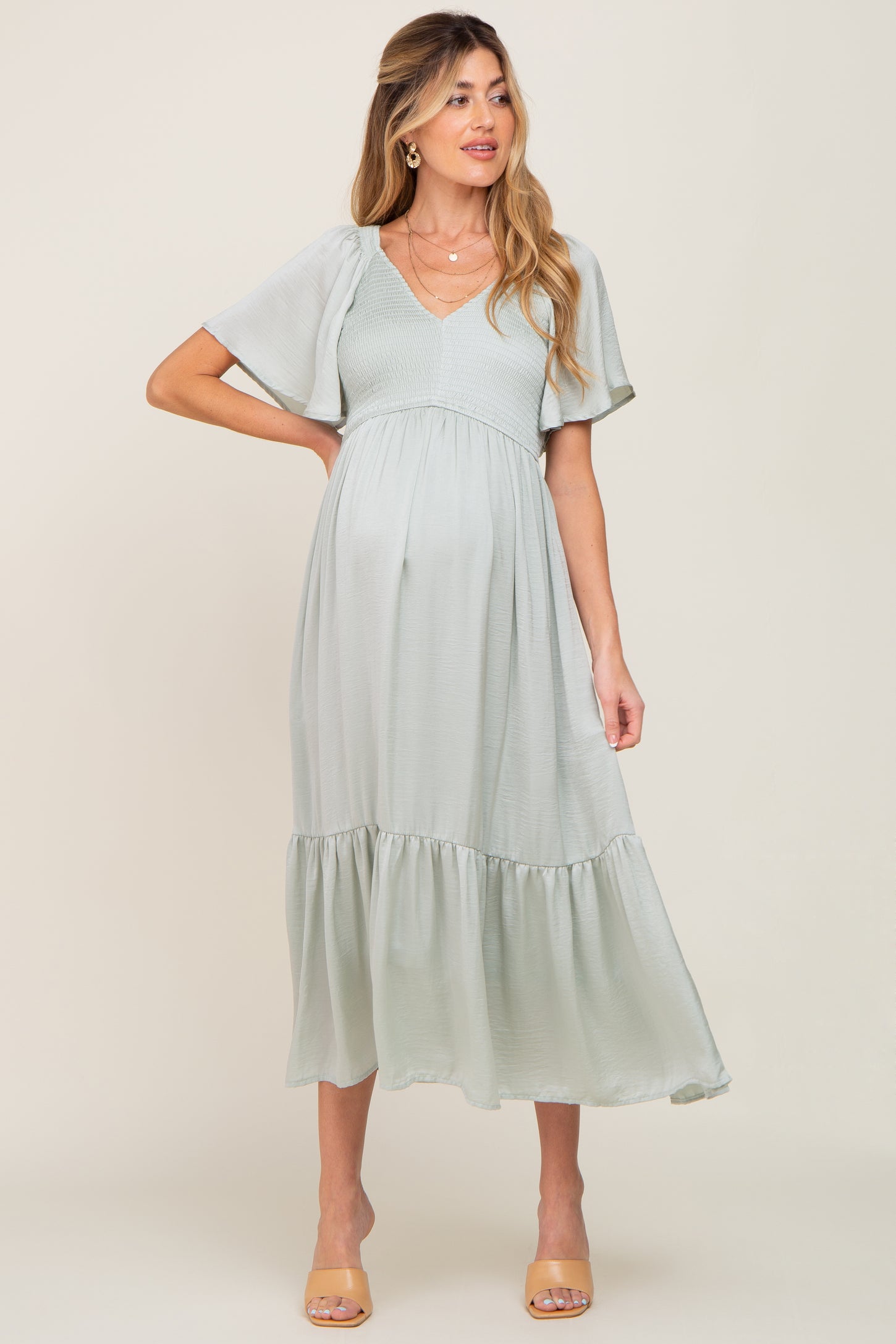 Mint Green Satin Smocked Maternity Midi Dress