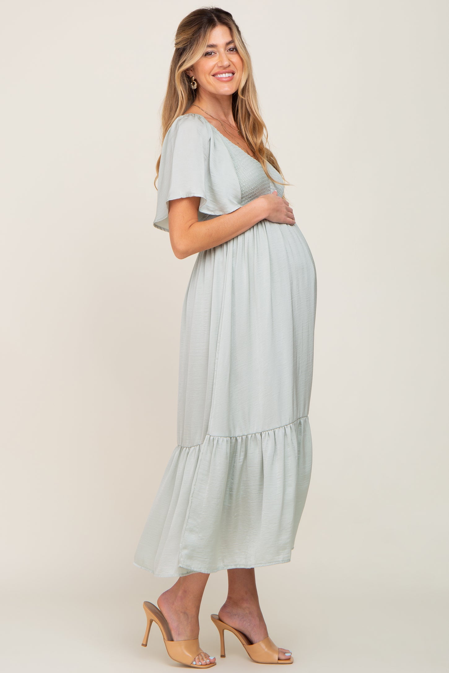 Mint Green Satin Smocked Maternity Midi Dress