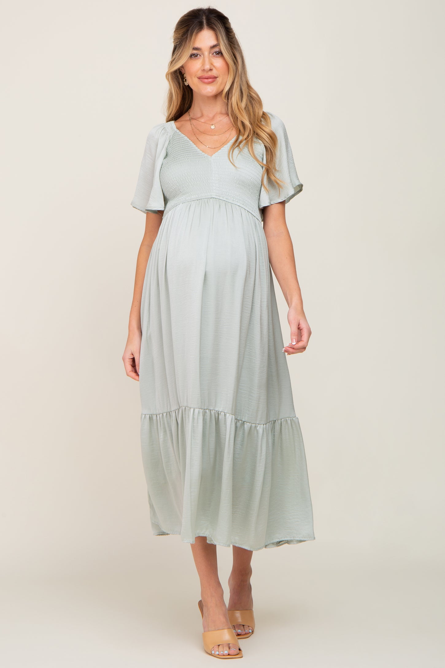 Mint Green Satin Smocked Maternity Midi Dress PinkBlush Mint Green Satin Smocked Maternity Midi Dress PinkBlush