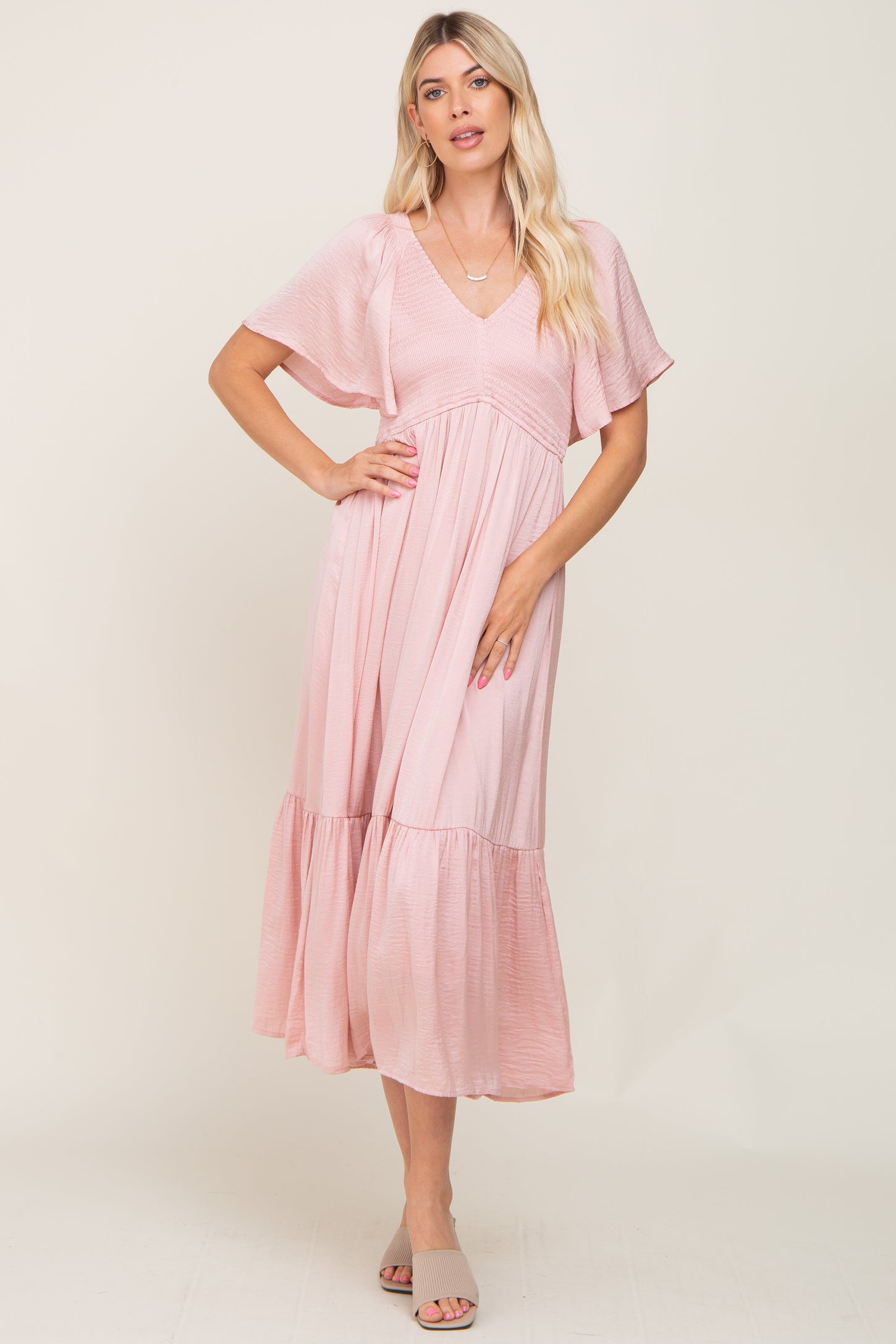 Light Pink Satin Smocked Maternity Midi Dress PinkBlush Light Pink Satin Smocked Maternity Midi Dress PinkBlush