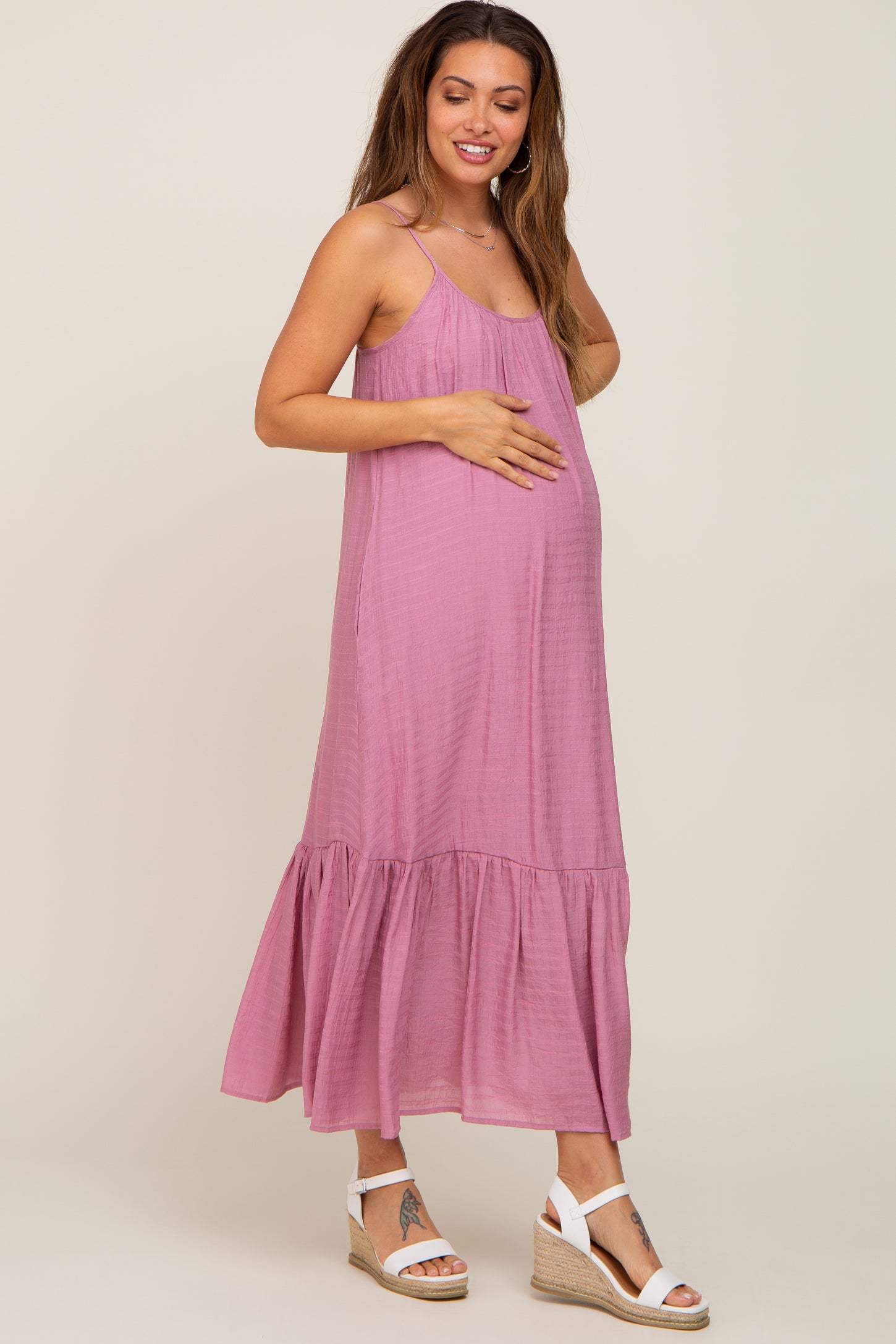 Pink Monochrome Plaid Maternity Maxi Dress