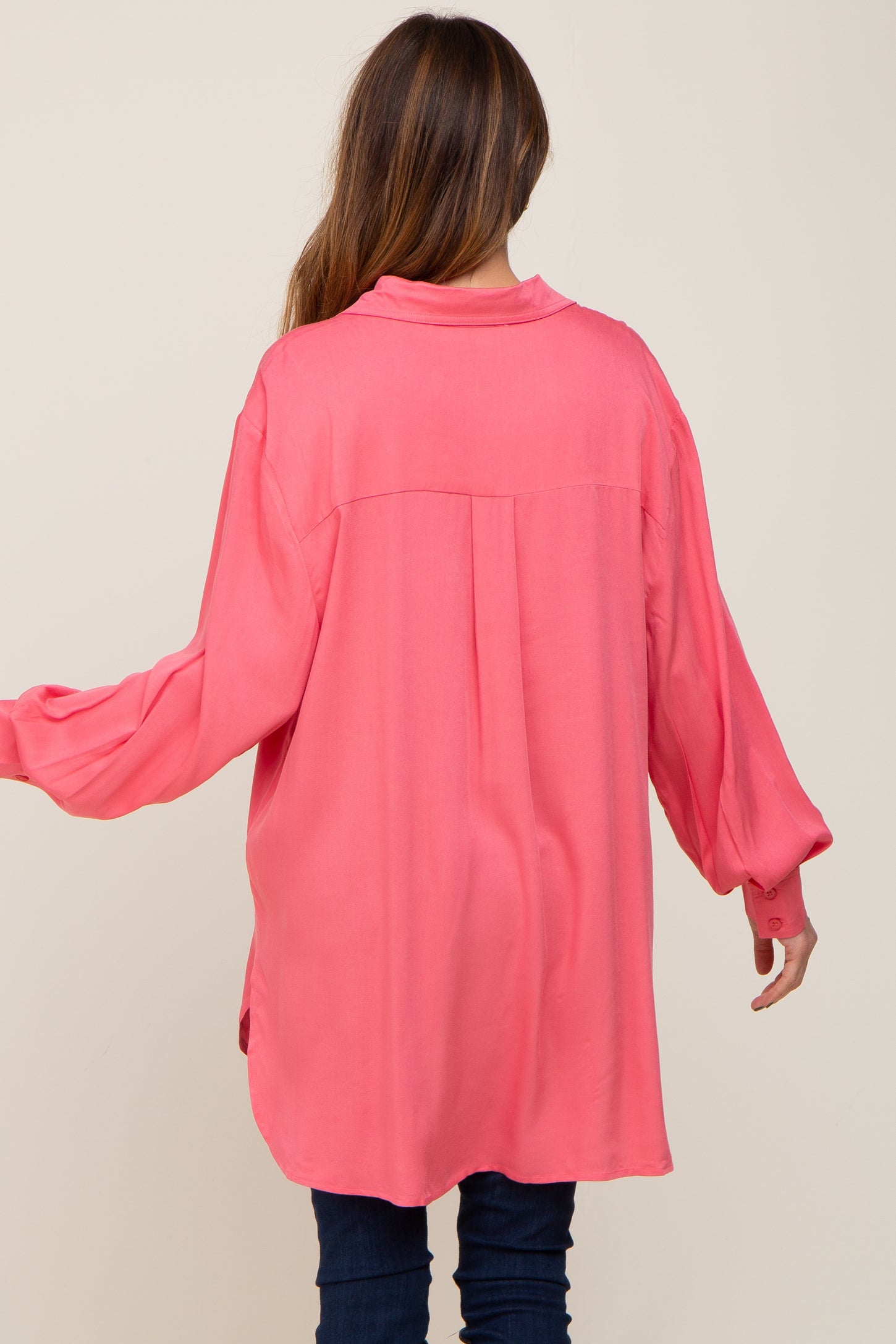 Coral Button Down Collared High-Low Hem Blouse