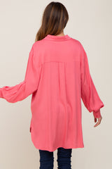 Coral Button Down Collared High-Low Hem Blouse