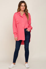 Coral Button Down Collared High-Low Hem Blouse