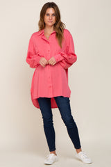 Coral Button Down Collared High-Low Hem Blouse
