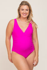 Fuchsia Ruched Plus Maternity One Piece Swimsuit