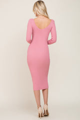 Pink Knit Ribbed Midi Dress
