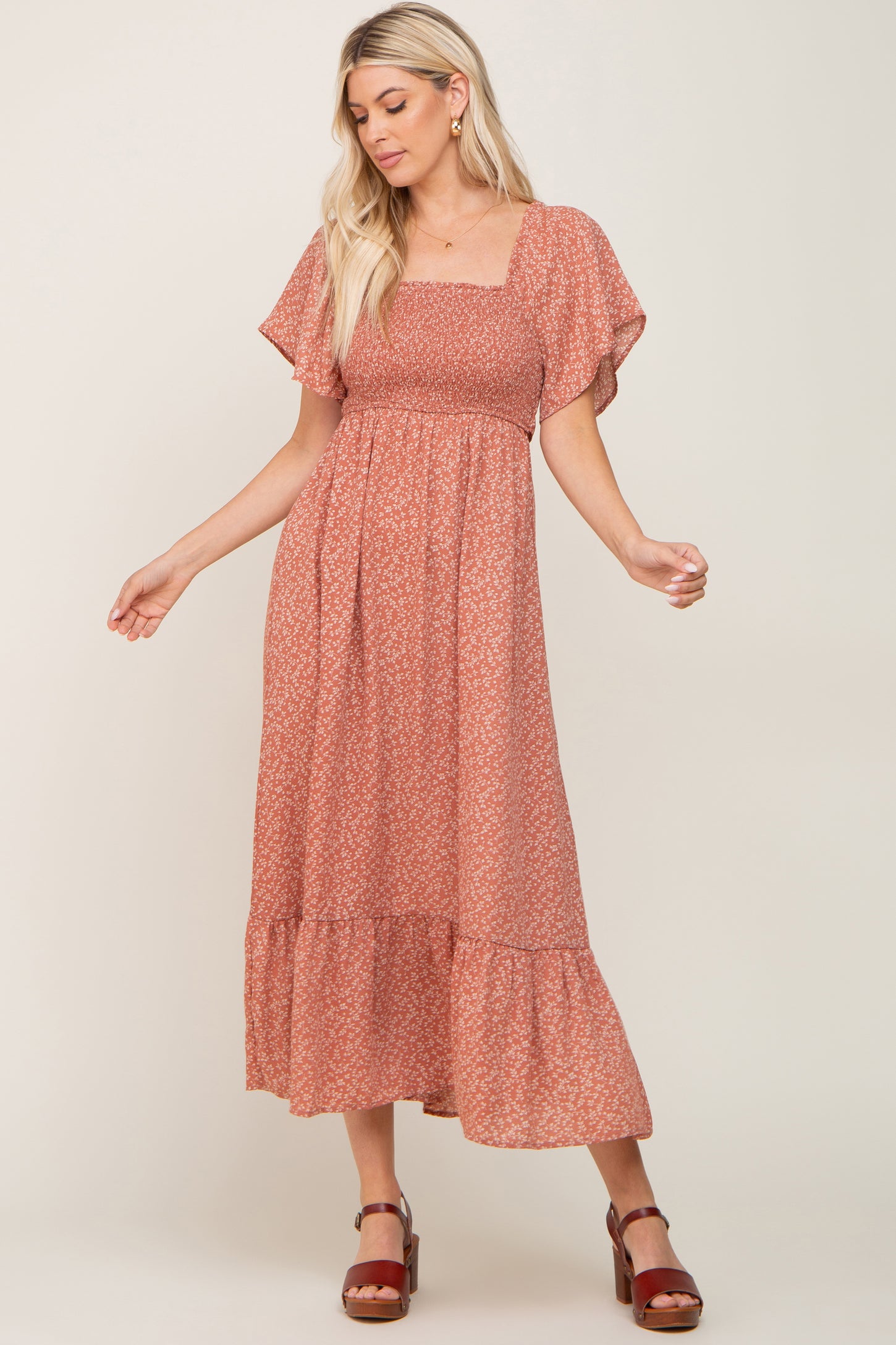 Rust Leaf Smocked Flounce Sleeve Maternity Maxi Dress