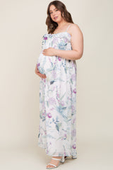White Floral Sleeveless Ruffle Plus Maternity Maxi Dress