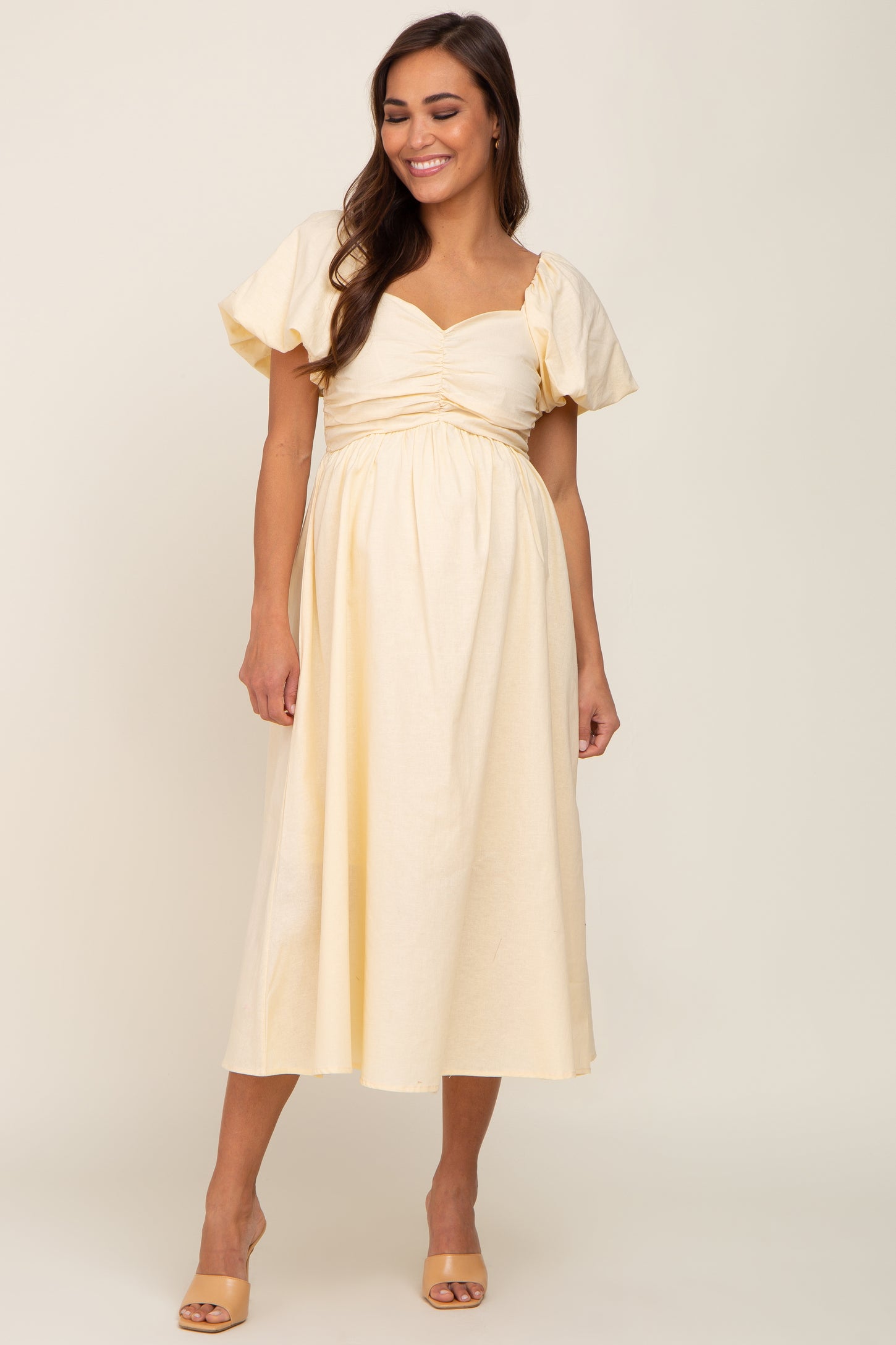 Yellow Sweetheart Neck Puff Sleeve Linen Maternity Midi Dress