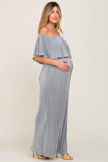 Sage Pleated Ruffle Off Shoulder Maternity Maxi Dress