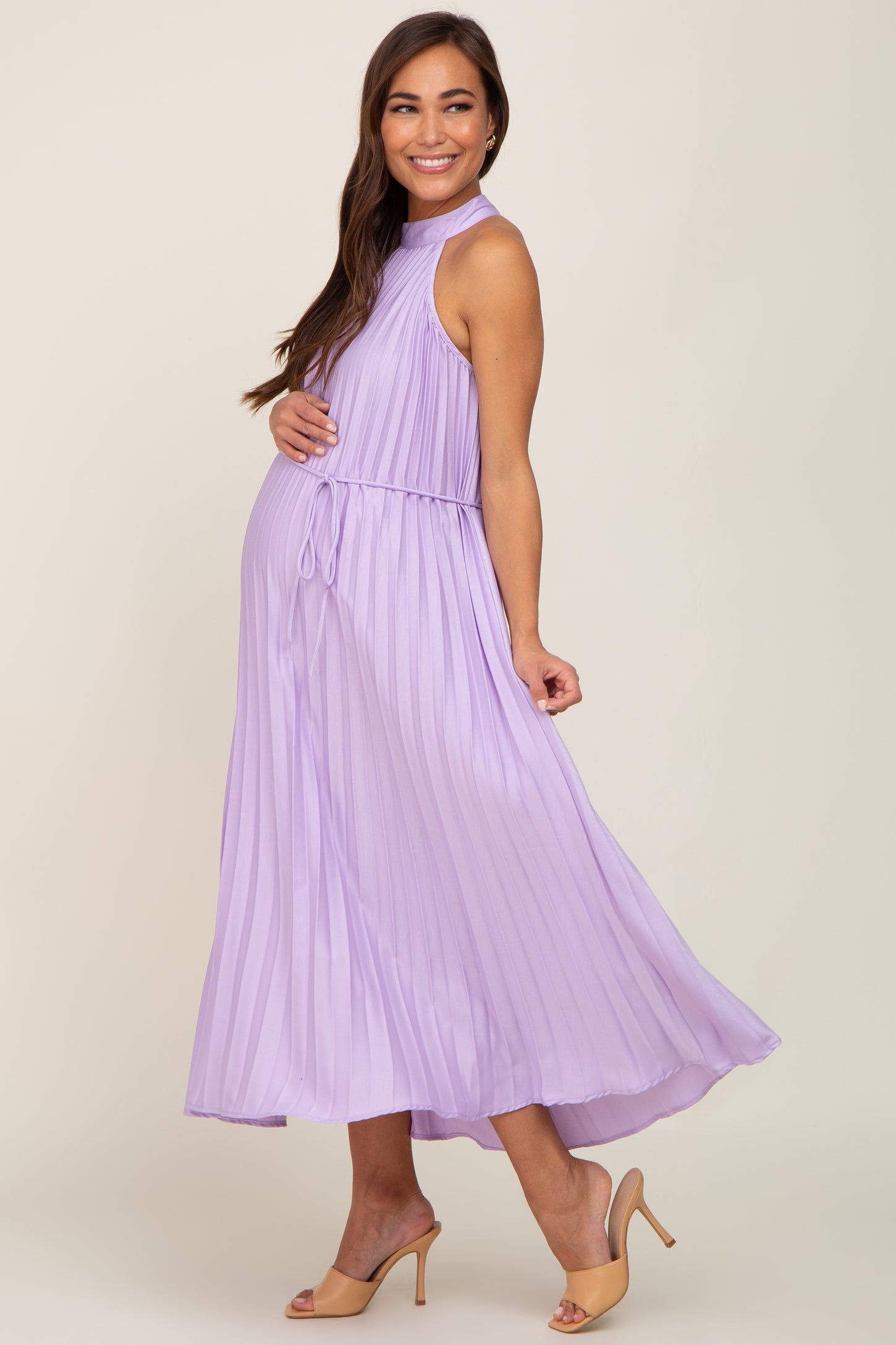 Lavender Pleated Maternity Halter Dress PinkBlush