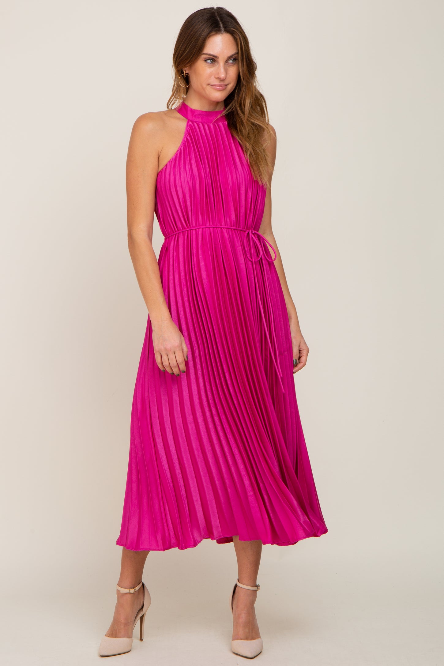 Fuchsia Pleated Halter Dress – PinkBlush