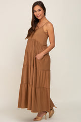 Camel Tiered Sleeveless Maternity Maxi Dress