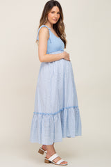 Light Blue Gingham Colorblock Maternity Dress