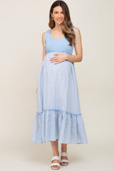 Light Blue Gingham Colorblock Maternity Dress