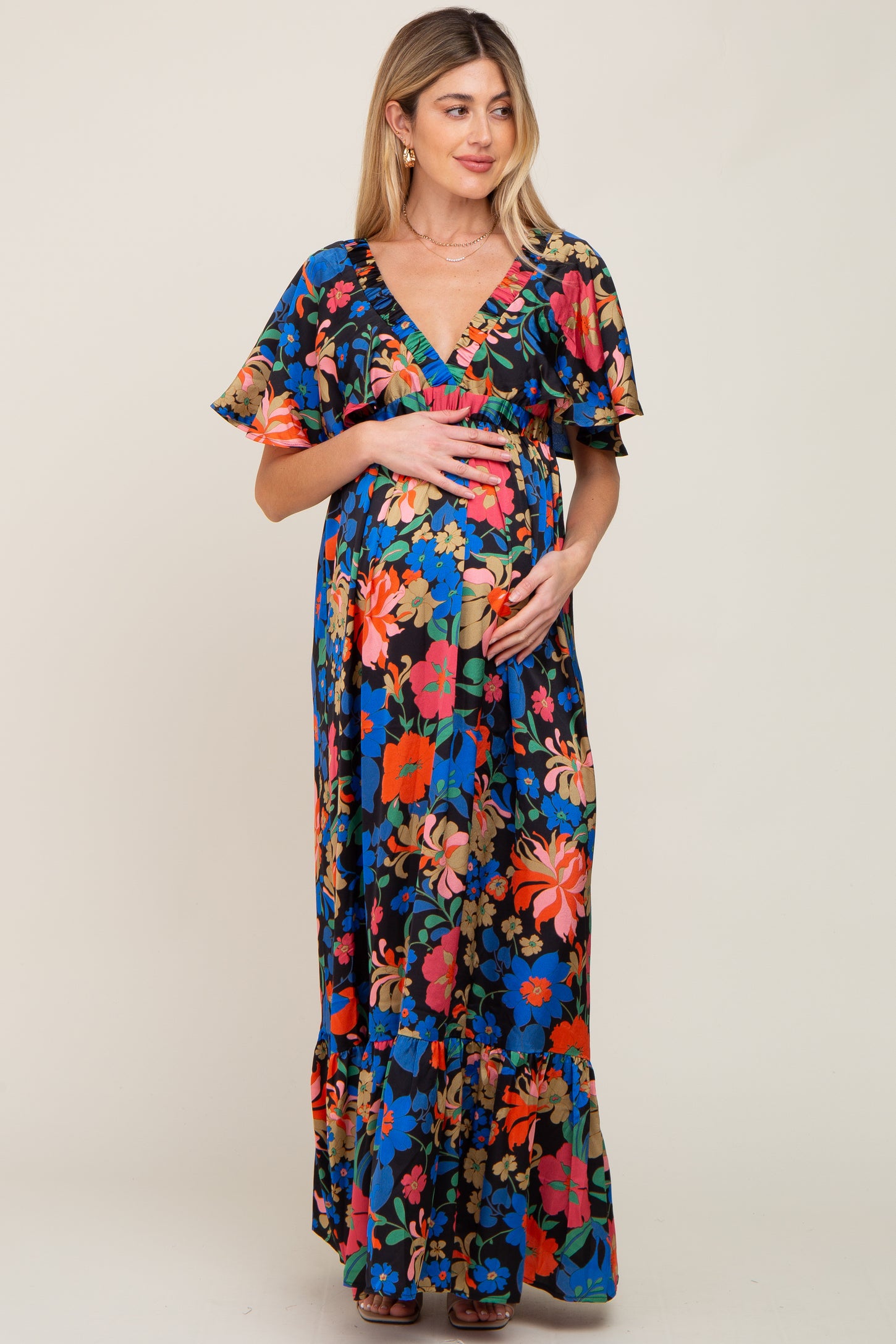 Black Floral Flounce Sleeve Maternity Maxi Dress– PinkBlush