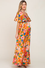 Orange Floral Flounce Sleeve Maternity Maxi Dress