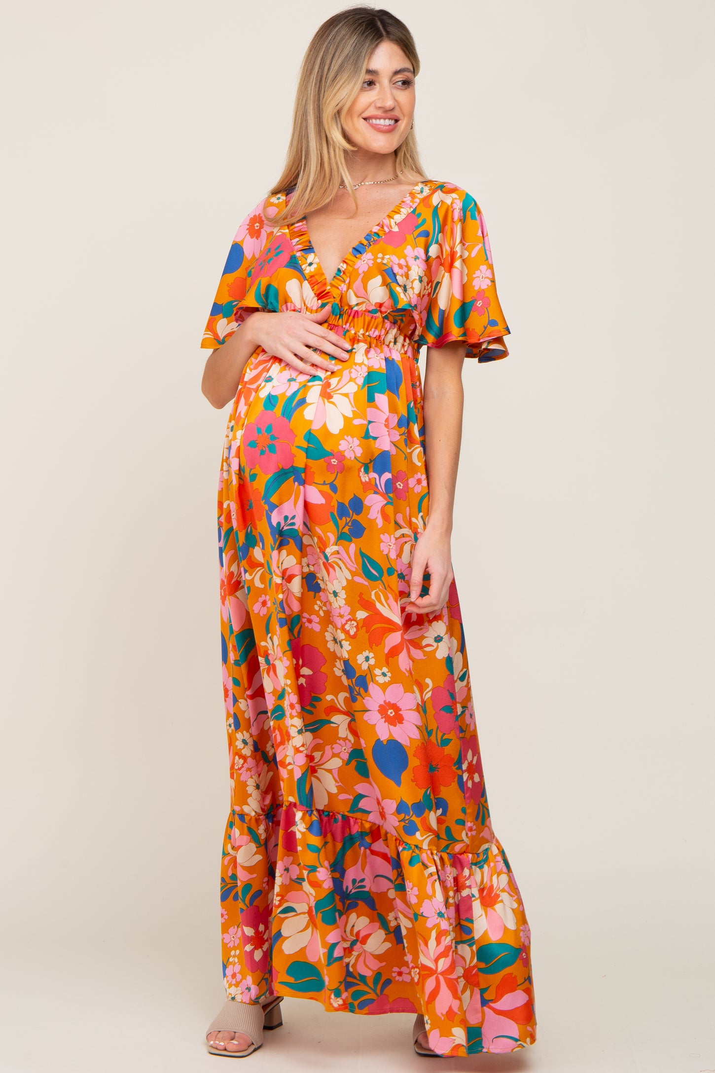Orange Floral Flounce Sleeve Maternity Maxi Dress– PinkBlush