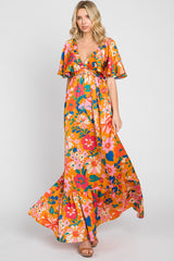 Orange Floral Flounce Sleeve Maternity Maxi Dress