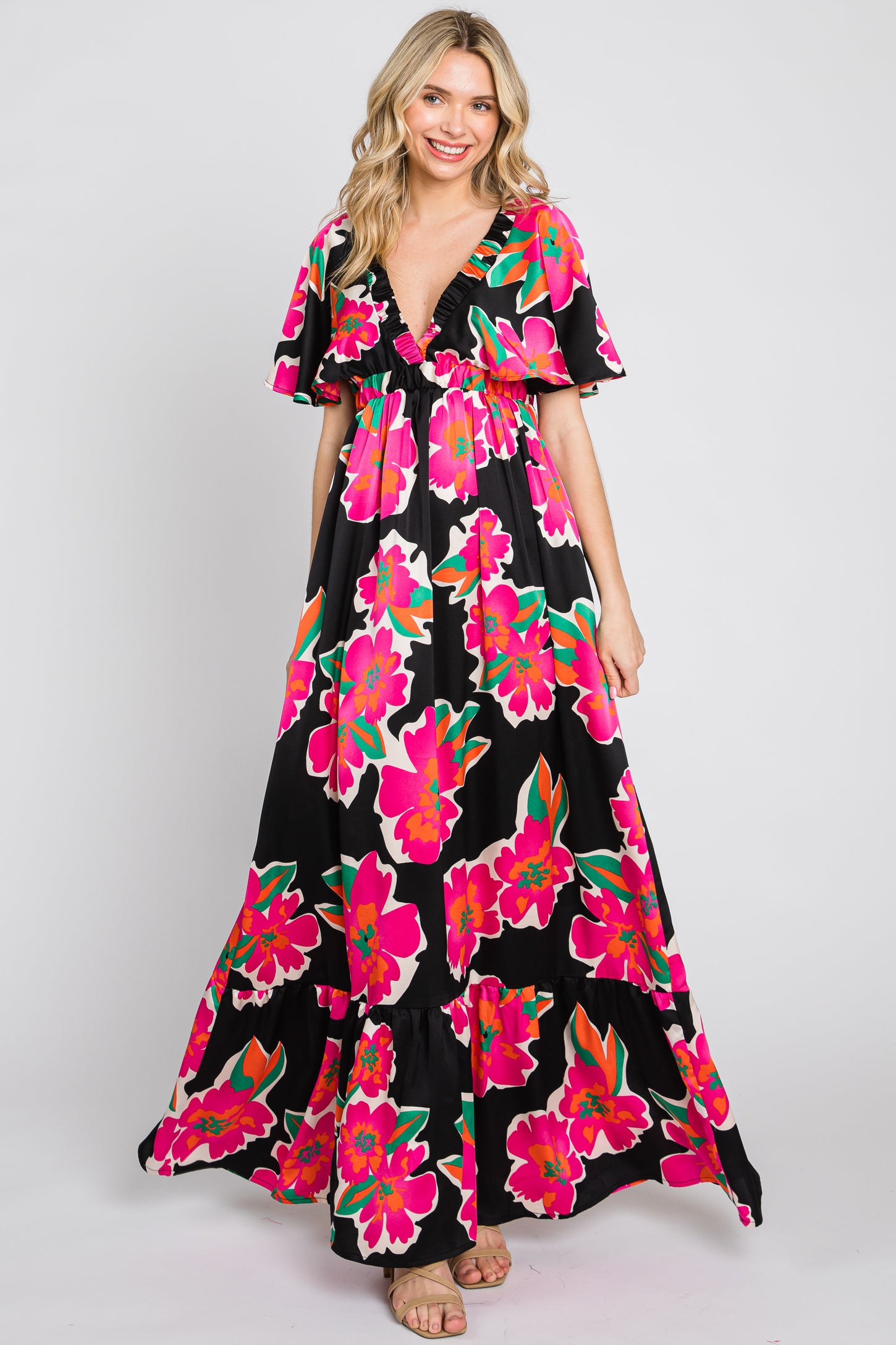 floral flounce maxi dress Floral Frill Trim Flounce Sleeve Plunge Maxi Dress - Premium Quality Dropshipping Women Dresses | No Minimum Order, Fast Shipping & Custom Branding