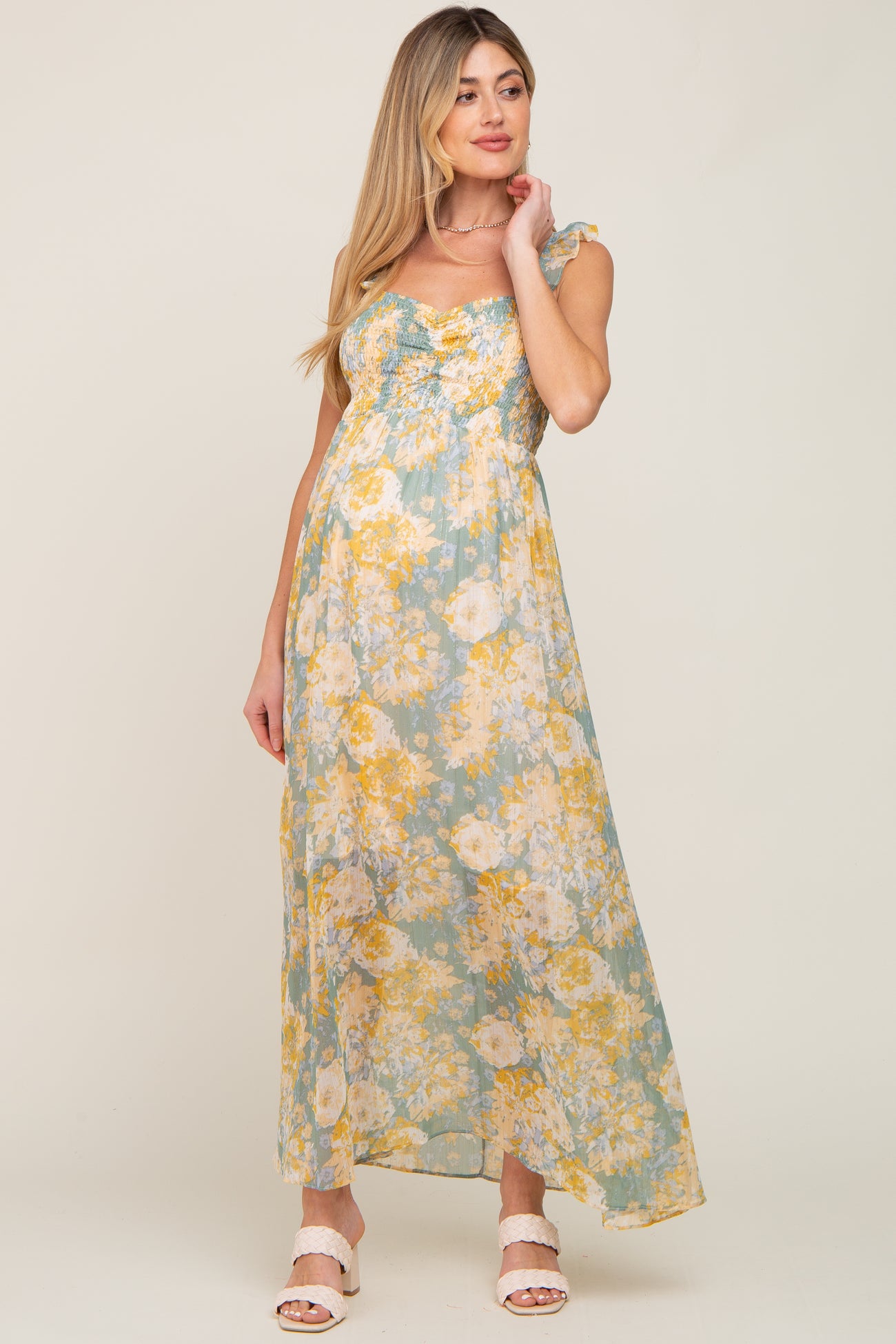 Green Ditsy Floral Ruffle Accent Maternity Maxi Dress– PinkBlush