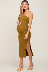 Olive One Shoulder Cutout Side Slit Maternity Midi Dress