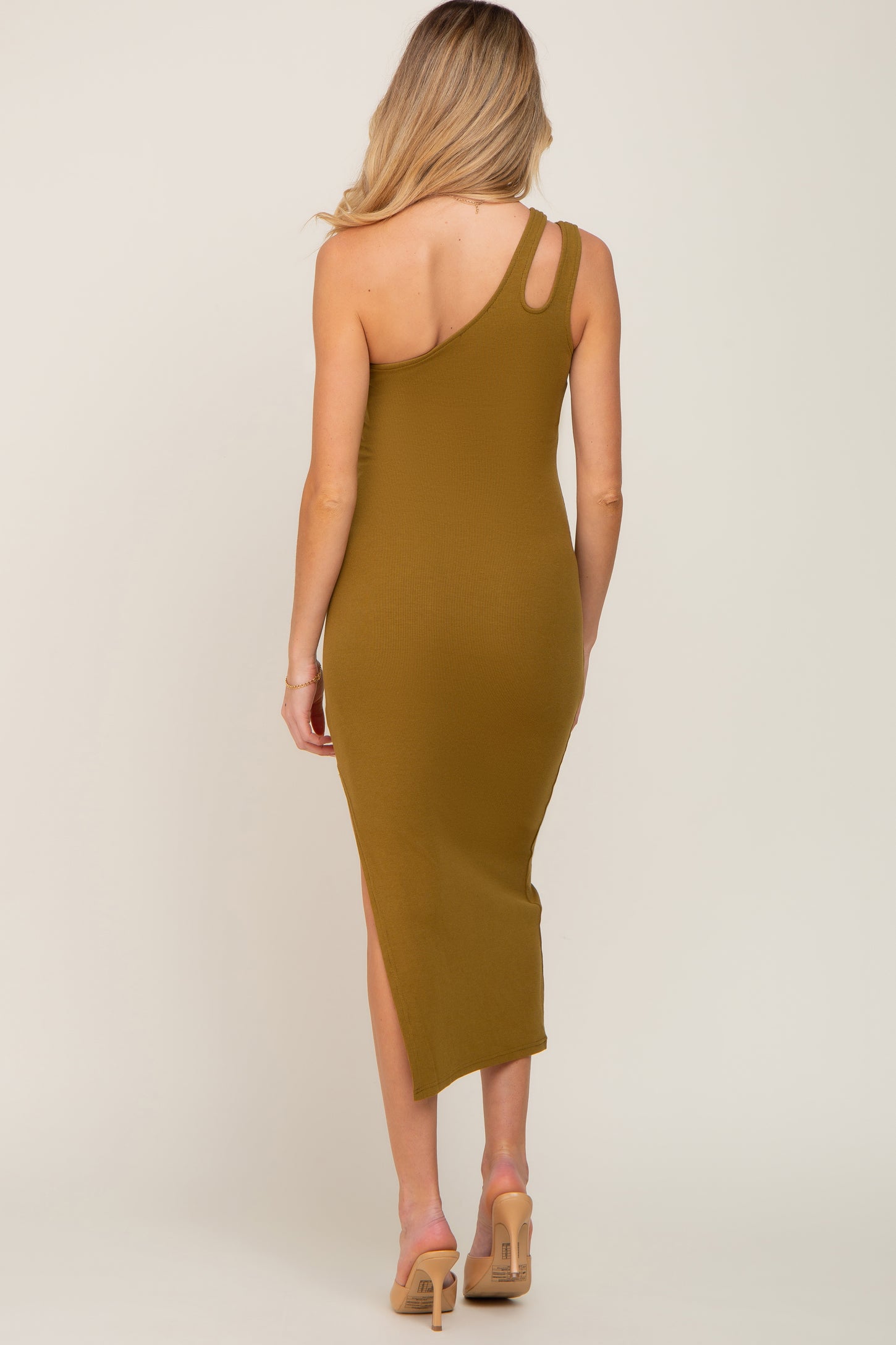 Olive One Shoulder Cutout Side Slit Maternity Midi Dress