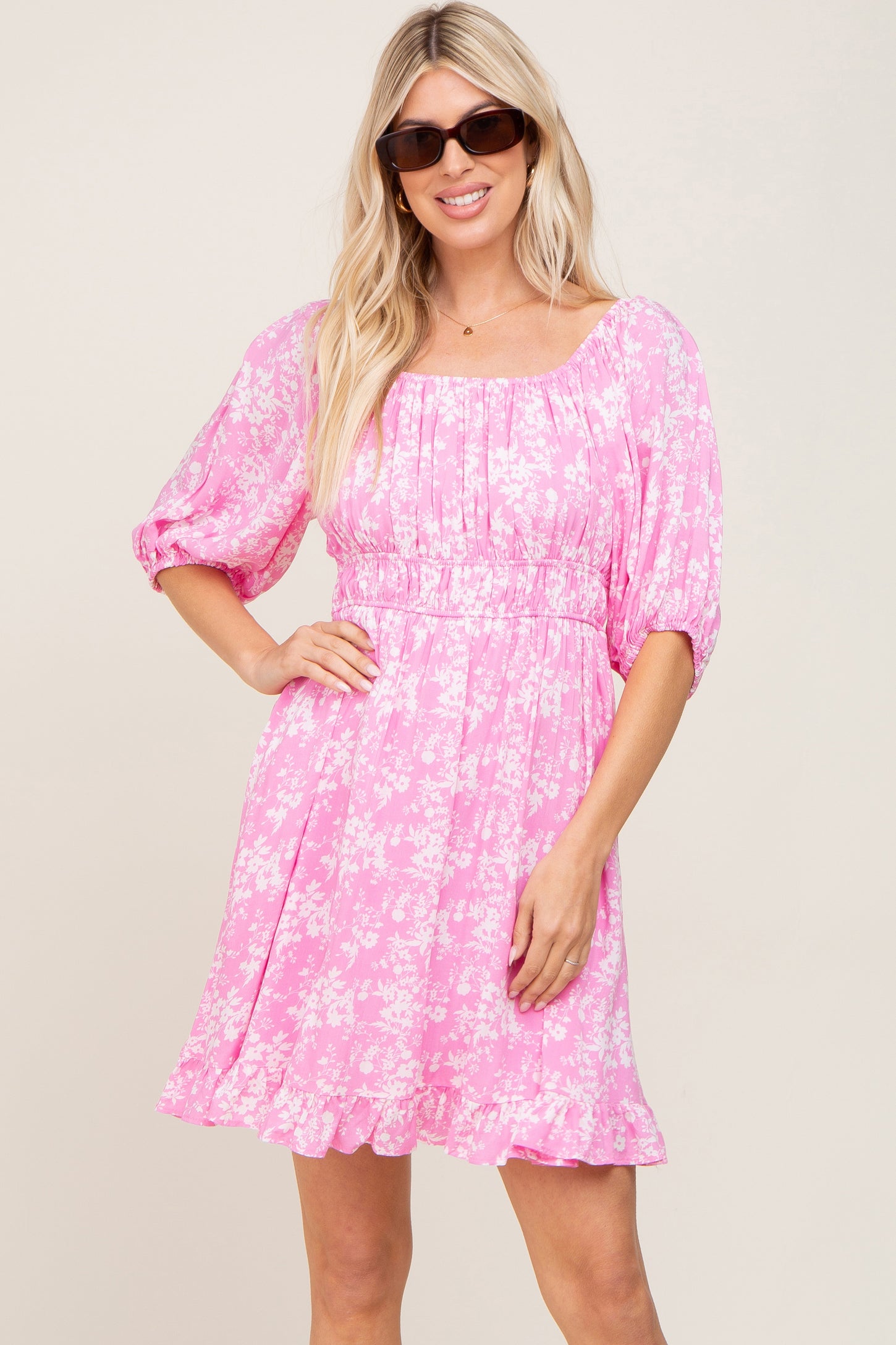 Pink Floral Shirred Puff Sleeve Dress – PinkBlush