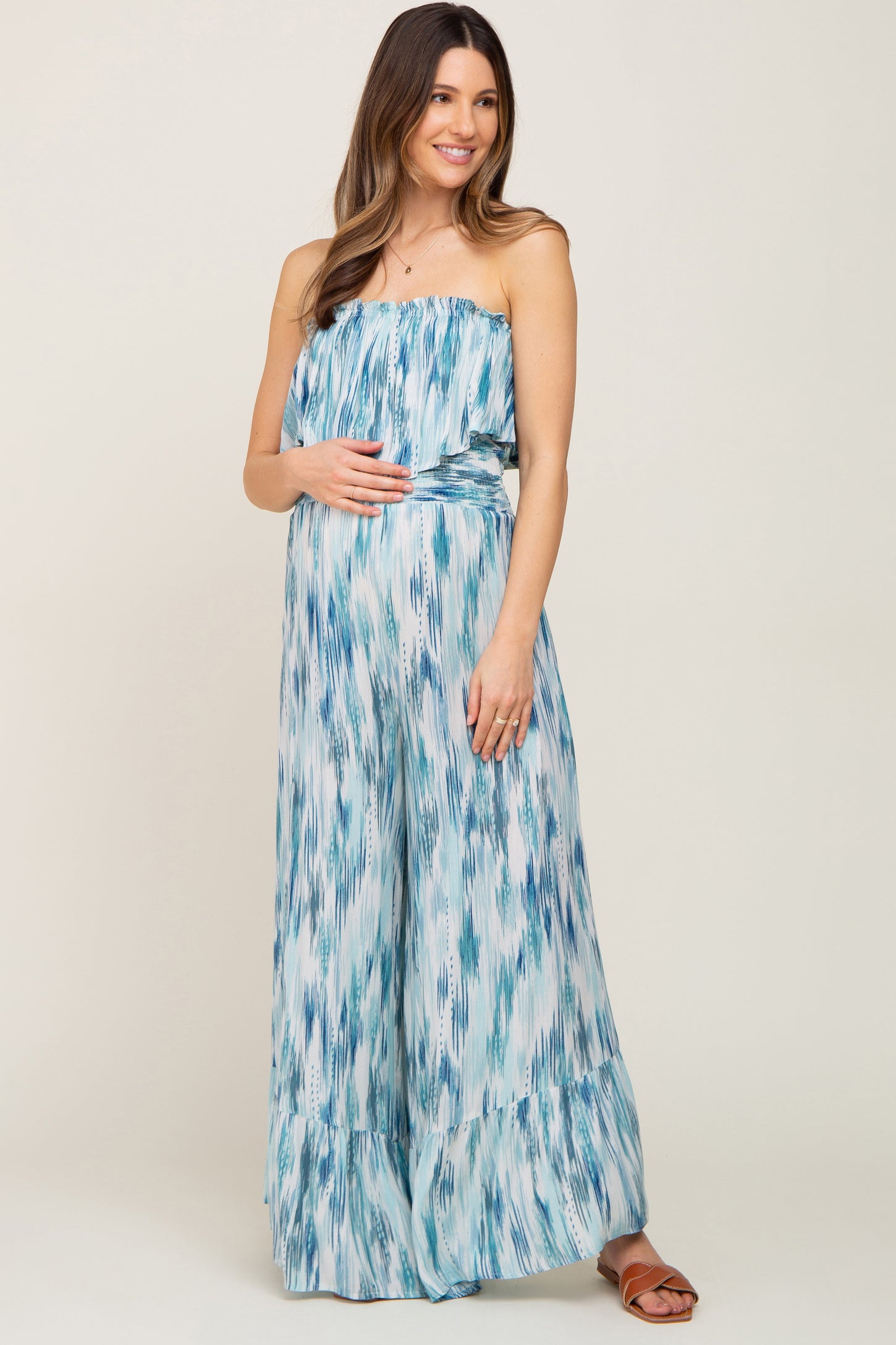 Blue Printed Sleeveless Flounce Maternity Jumpsuit