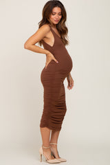 Brown Ruched V-Back Maternity Midi Dress
