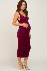 Burgundy Ruched V-Back Maternity Midi Dress