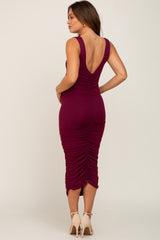 Burgundy Ruched V-Back Maternity Midi Dress