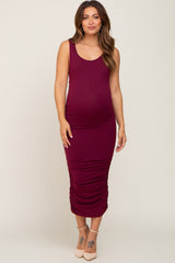 Burgundy Ruched V-Back Maternity Midi Dress