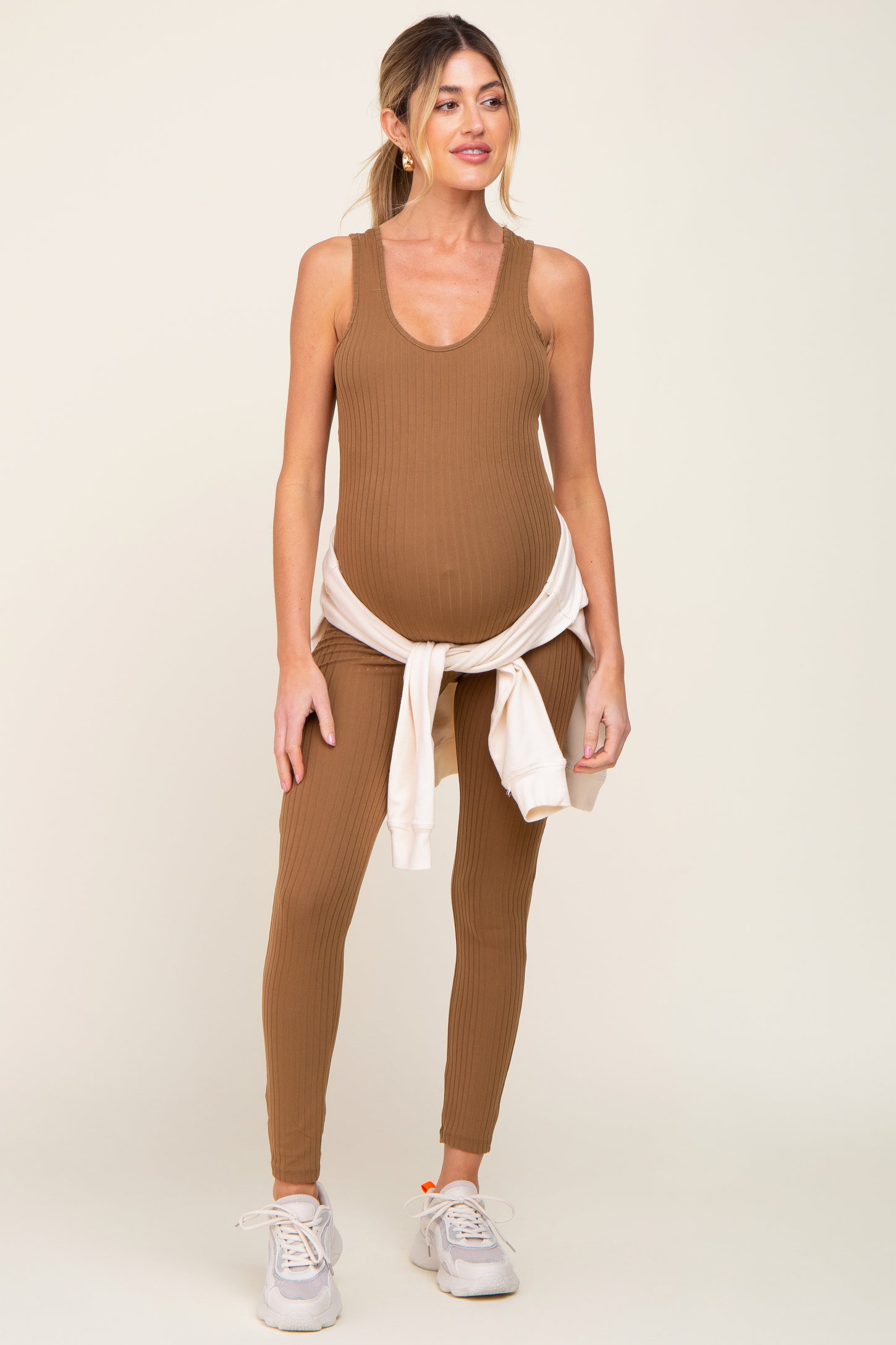 Mocha Ribbed Bodycon Maternity Jumpsuit PinkBlush