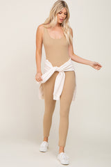 Beige Ribbed Bodycon Jumpsuit