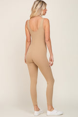 Beige Ribbed Bodycon Jumpsuit